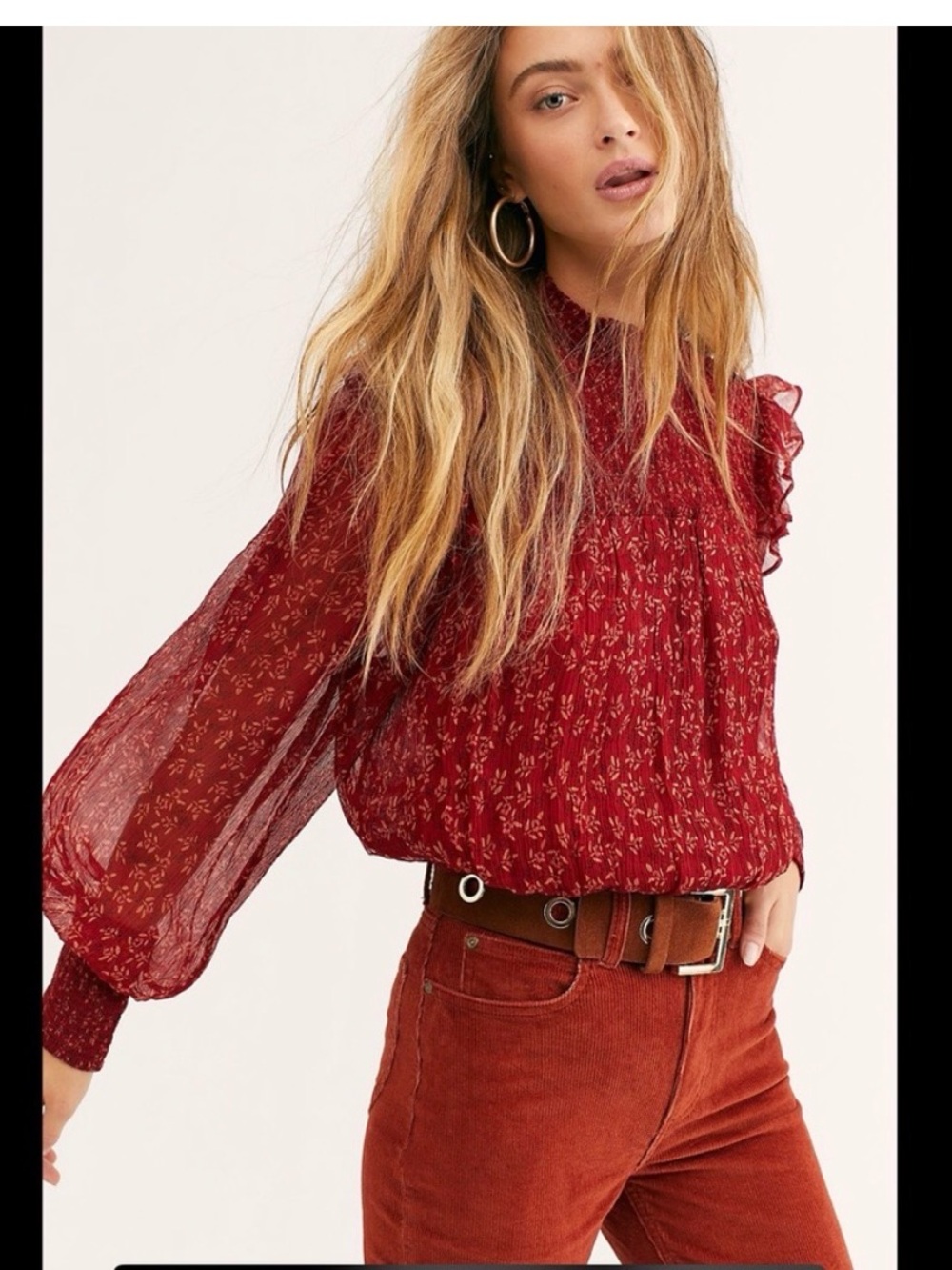 Free People Red Floral Smocked High-Neck Long-Sleeve Blouse